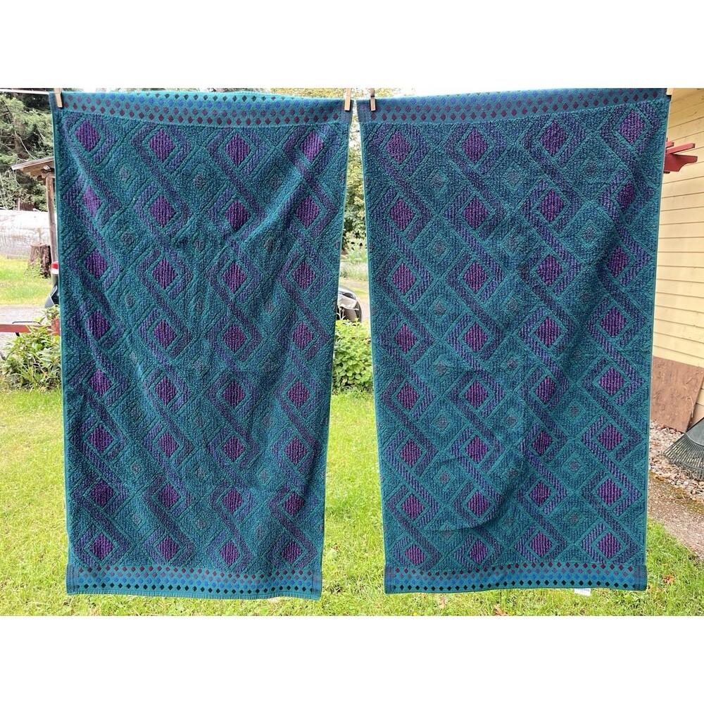 Vintage Royal Velvet Bath Towels Set Of 2 Purple Teal Maroon